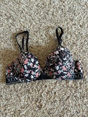 XOXO Black Floral Push-Up Bra with Pink and White Accents